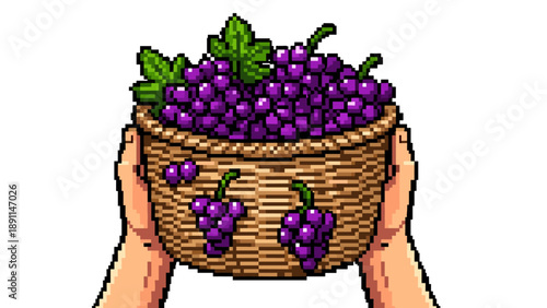 Pixel art grapes in woven basket held by hands with green leaves