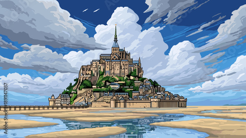 Pixel Art Majestic mont saint-michel pixel art landscape under dramatic sky