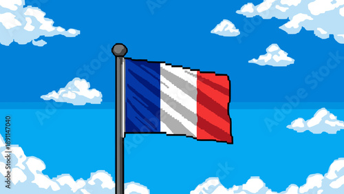 Pixel art french flag waving in bright blue sky with clouds