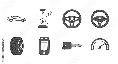 Modern car and components icons set isolated on a white background