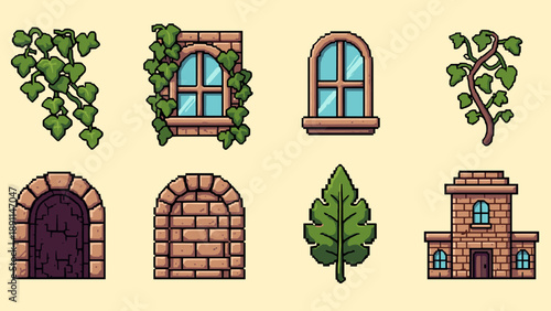 Pixel art windows and foliage design set with rustic brick elements