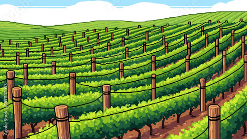 Pixel Art Lush vineyard landscape with rolling green hills in pixel art style