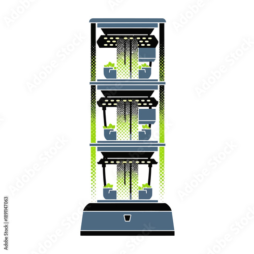Vector graphic of a modern vertical hydroponic farm tower system, an advanced solution for sustainable indoor plant cultivation and urban agriculture technology