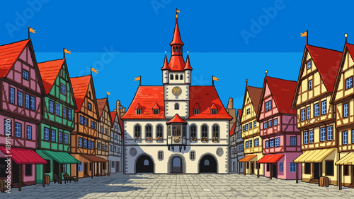 Pixel Art Retro pixel art of charming german town square with colorful medieval architecture