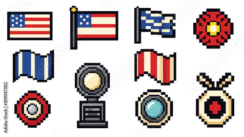 Pixel art flags and medals: retro gaming style with national symbols