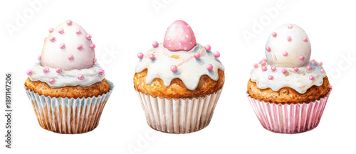 Watercolor Easter cake with pink cream and sprinkles. Festive dessert illustration featuring decorated eggs, sweet pastry, and spring decor for holiday design projects. Vector illustration.