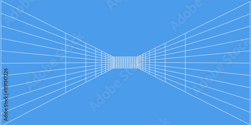 3d wireframe grid room. 3d perspective laser grid 16 9.. Cyberspace blue background with white mesh. Futuristic digital hallway space in virtual reality. Vector illustration.