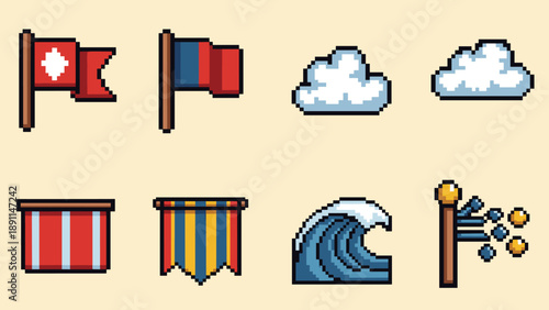 Pixel art icons collection: flags, clouds, waves, banners