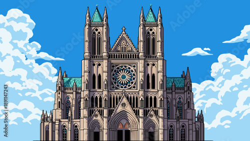 Pixel art gothic cathedral with blue sky and clouds