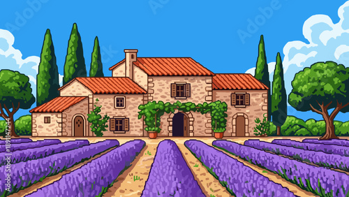 Pixel Art Rustic countryside villa with lavender fields in pixel art style