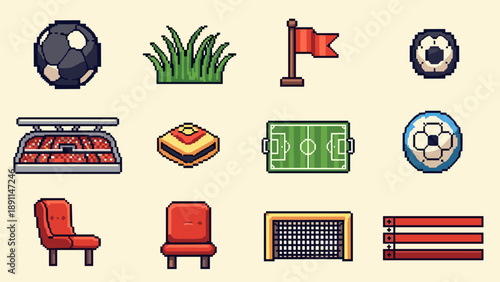 Pixel Art Retro pixel art soccer elements set with stadium, ball, and goal illustrations