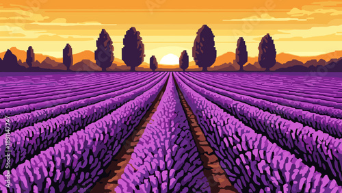 Pixel art lavender field at sunset with trees and mountains