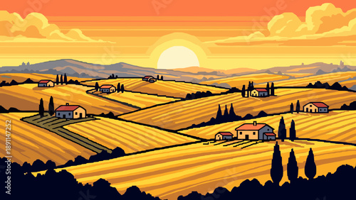 Pixel art countryside at sunset with rolling hills and farmhouses