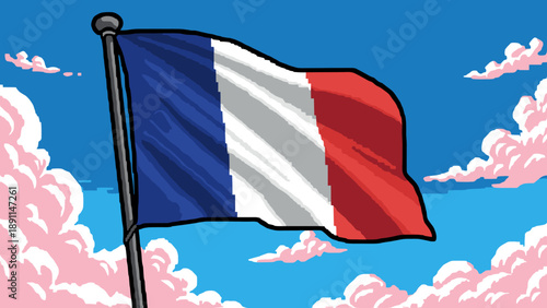 Pixel art french flag waving in a cloudy sky
