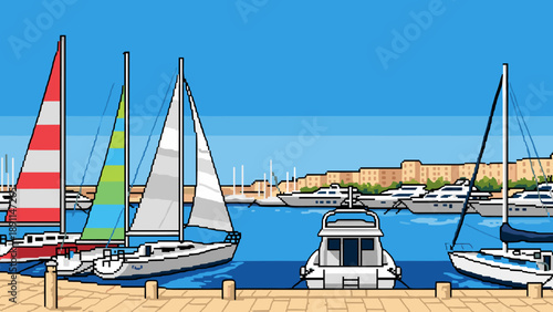 Pixel Art Retro pixel art harbor scene with sailboats and yachts in vibrant colors