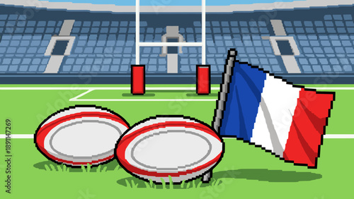 Pixel art rugby stadium with french flag and rugby balls in grass