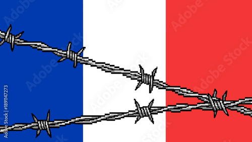 Pixel art barbed wire on french flag background