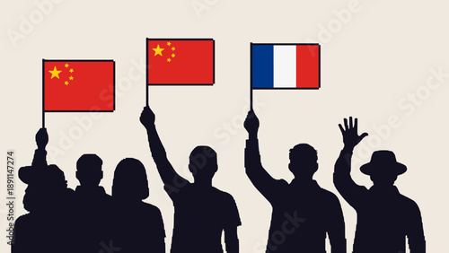 Pixel Art Silhouette crowd holding chinese and french flags