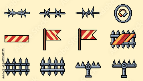 Pixel art barbed wire and flags set with retro icons
