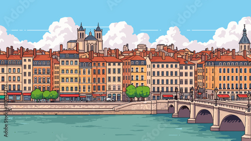 Pixel Art Charming cityscape with historic buildings by a river in retro style
