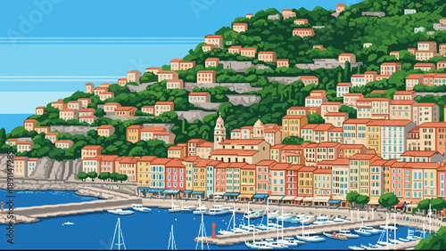 Pixel Art Scenic pixel art of a coastal mediterranean town with vibrant colors