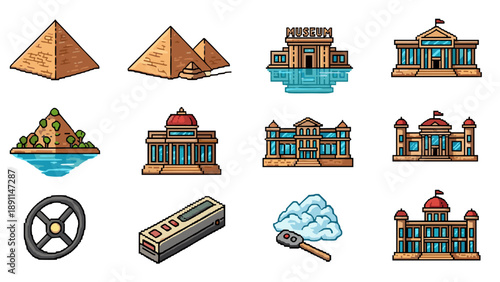 Pixel art landmarks and cultural icons set with pyramid, museum, and more
