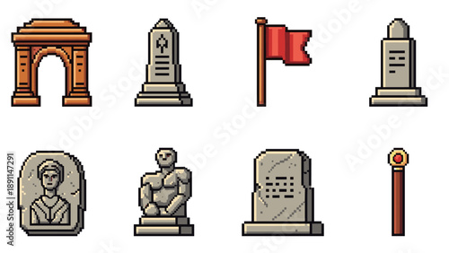 Pixel art monuments and flag collection on white background