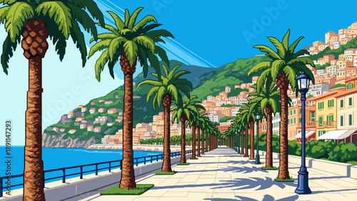 Pixel art coastal promenade with palm trees and colorful buildings