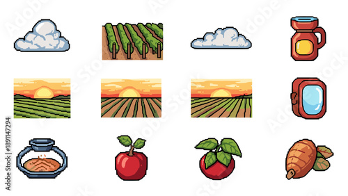 Pixel Art Colorful retro pixel art icons of nature and food elements