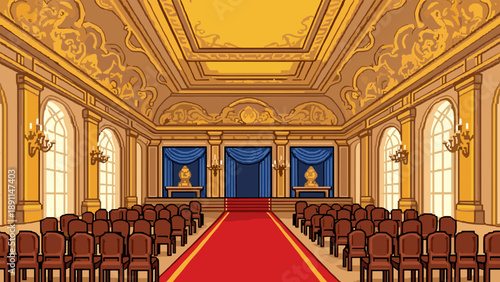 Pixel Art Retro pixel art: ornate ballroom with red carpet and luxurious decor