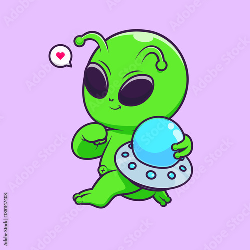Cute Alien Running And Holding Ufo Cartoon