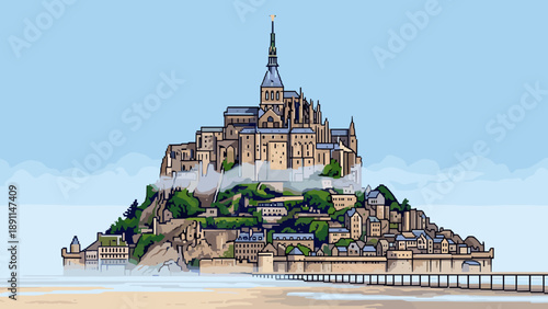 Pixel art castle island with misty surroundings and sandy beach landscape