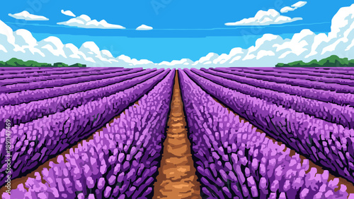 Pixel art lavender field under blue sky with clouds in a sunny landscape