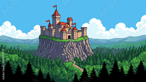 Pixel Art Medieval castle on cliff with forest background in pixel art style