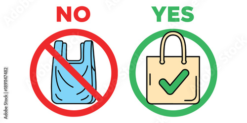 Plastic bag prohibition and reusable bag encouragement symbol isolated on white background