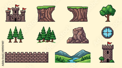 Pixel Art Retro game assets collection: castles, cliffs, trees, mountains, and compass