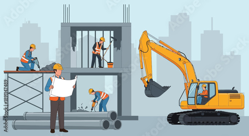 Construction site with workers in hard hats and vests. One reads a blueprint, others work on a building frame, attended by an excavator in the foreground.