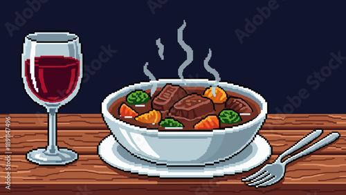 Pixel art steaming beef stew with wine glass on wooden table