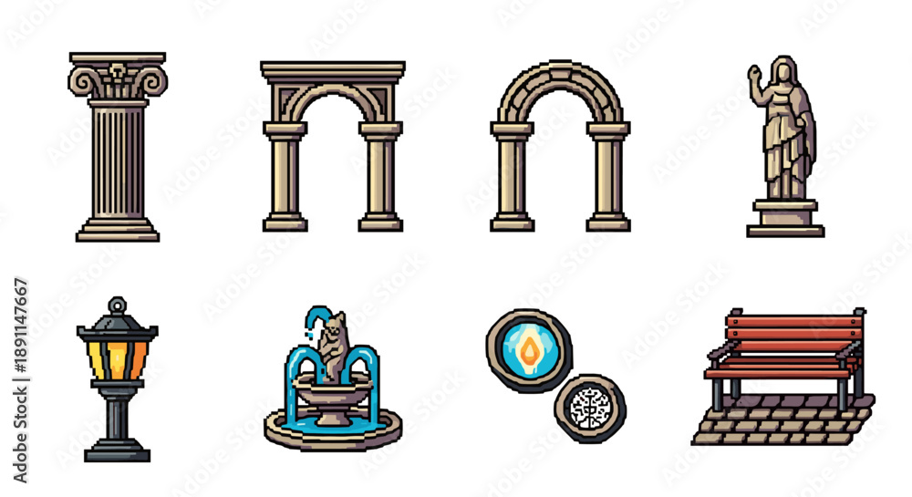 Naklejka premium Pixel art ancient structures and urban accents