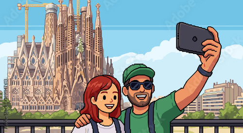 Pixel Art Tourists taking selfie with iconic barcelona landmark in pixel art style