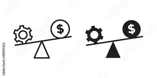 Balance scale with gear and dollar coin, representing financial balance or cost-benefit analysis, outline and filled icons