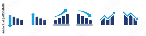 Bar chart graphics illustrating financial trends and data analysis, featuring upward and downward movements with blue and dark blue color schemes for impact.