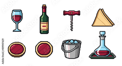 Pixel art wine set: glass, bottle, corkscrew, and more in retro style
