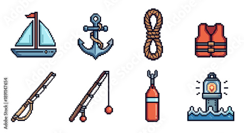 Pixel Art Nautical pixel art icons: sailboat, anchor, rope, and more
