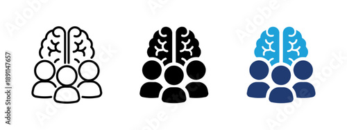 Brainstorming and collective intelligence icon set showing group of people and brain symbol in outline filled and colored blue variations isolated on white background