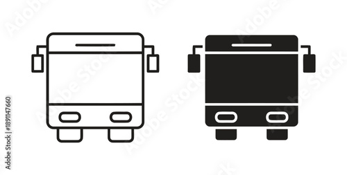 Bus front view, outline and solid black icons, representing public transport, travel, and urban mobility.