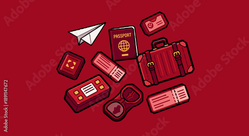 Pixel Art Travel essentials: red themed icons of passport, suitcase, and more