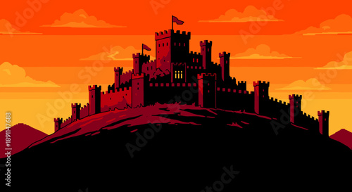 Pixel Art Retro pixel art castle on a hill at sunset with a vibrant orange sky