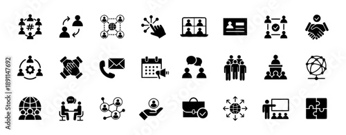 Business and communication icons set in black and white collaboration teamwork meeting handshake phone email calendar megaphone people network