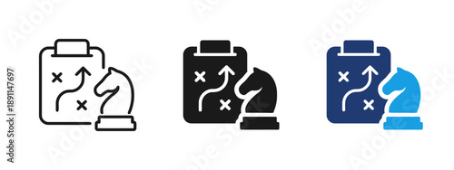 Business strategy icon depicting chess knight and plan on clipboard, representing tactical planning and decision making in corporate environment, growth and success